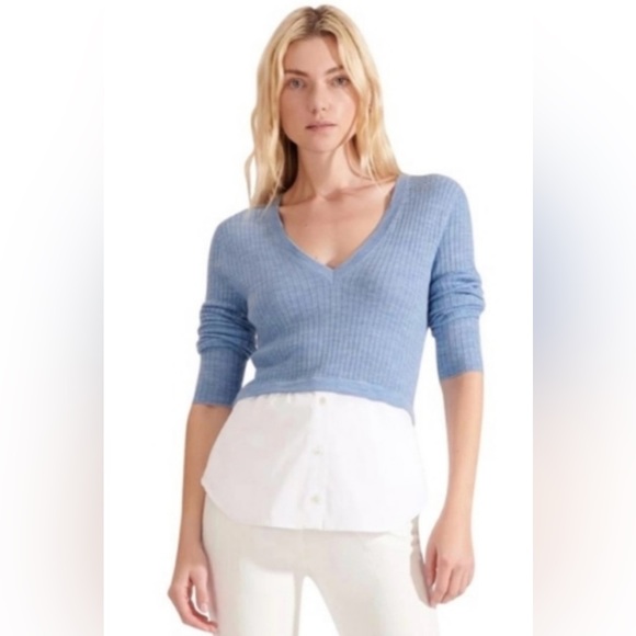 Veronica Beard Lydia Mixed Media V-Neck Pullover in Blue - Picture 1 of 9